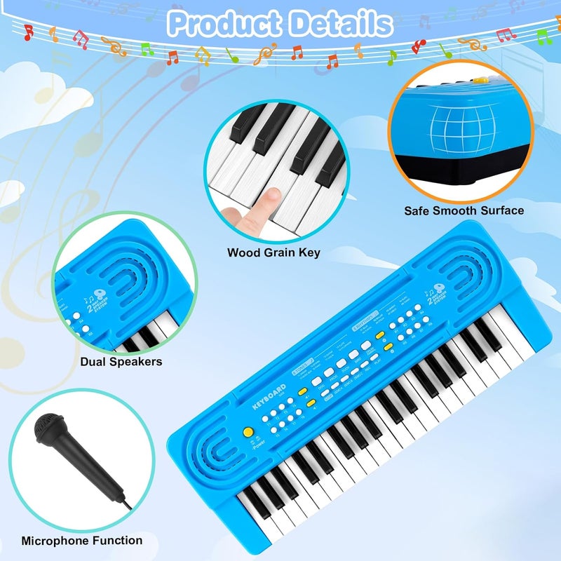 TWFRIC Kids Toddler Toy Piano Keyboard, 37 Key Pianos for Kid Music Toys Instruments with Microphone Dual Speaker Ideal for 3 4 5 6 7 8 Year Old Girl Boy Birthday/Christmas Day Gift (Blue) - Image 4